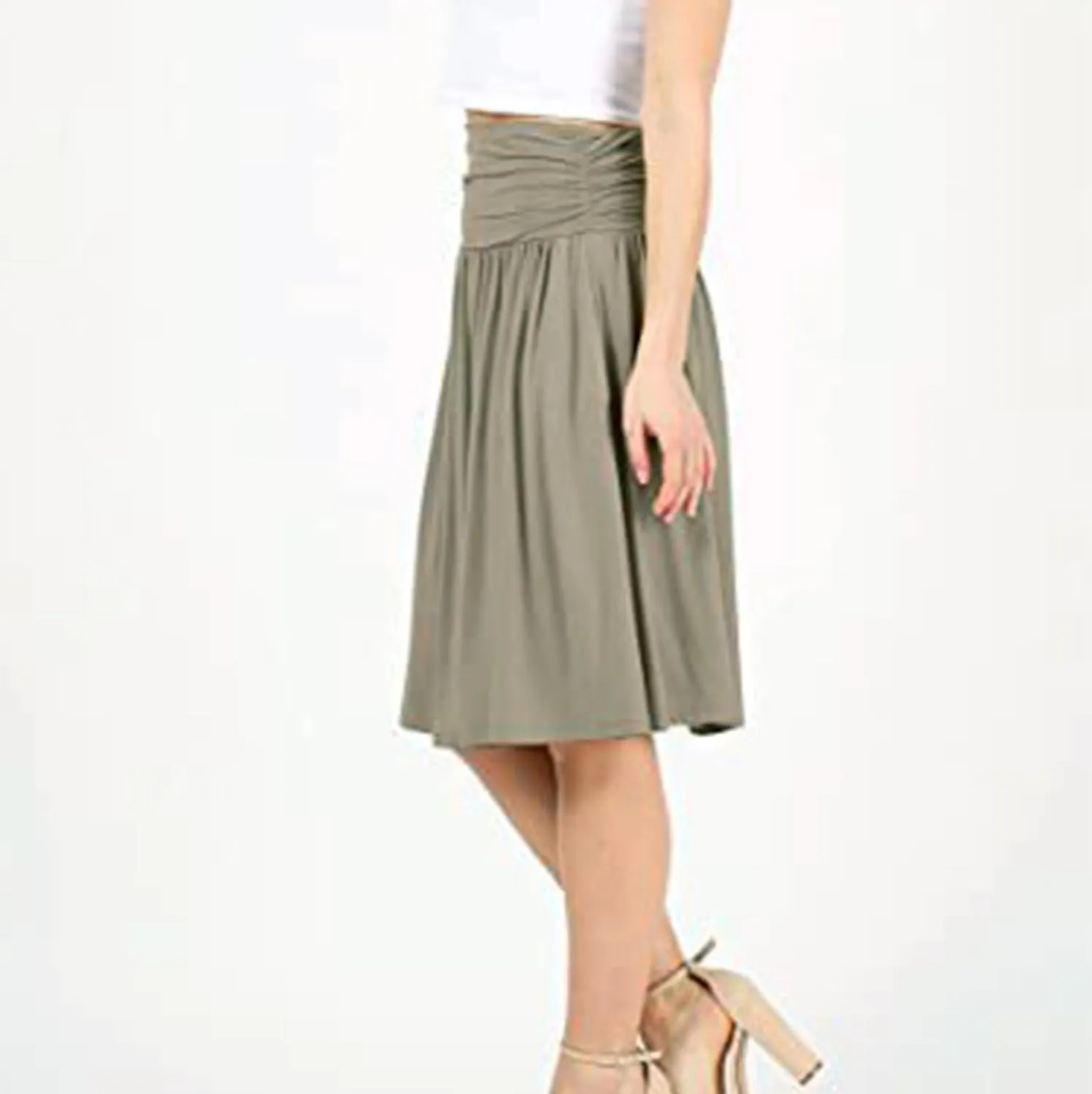 Oplxuo Plus Size Skirts for Women Knee Length Flowy Ruched High Waisted Flowy Midi Skirt