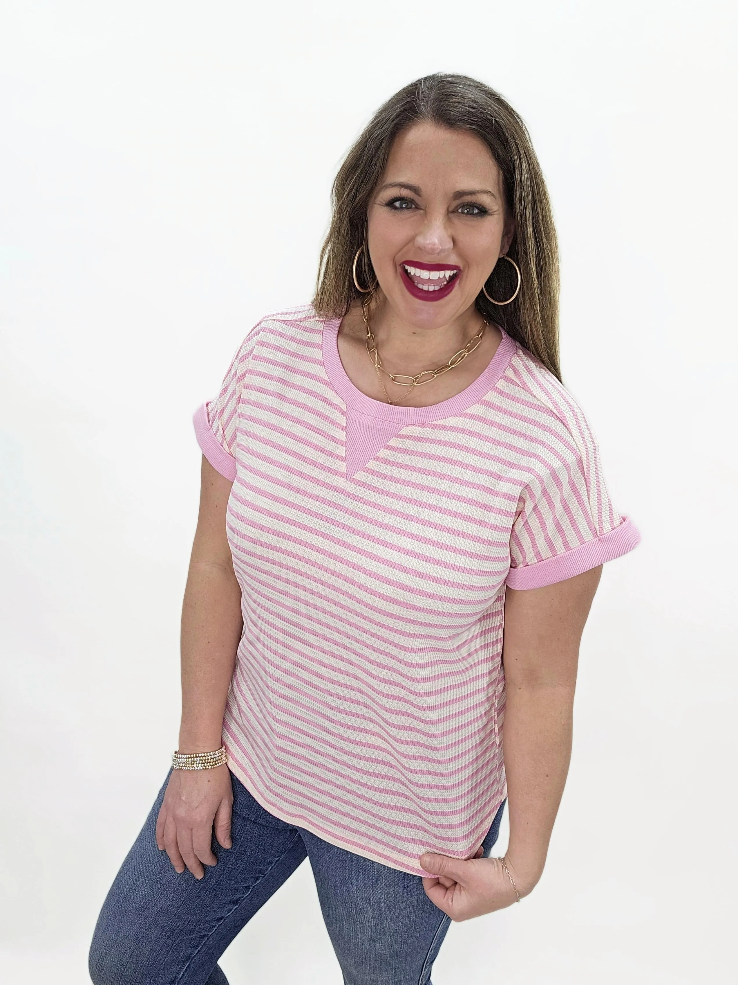 PINK STRIPED ROUND CUFF SHORT SLEEVE WAFFLE TEXTURE TOP