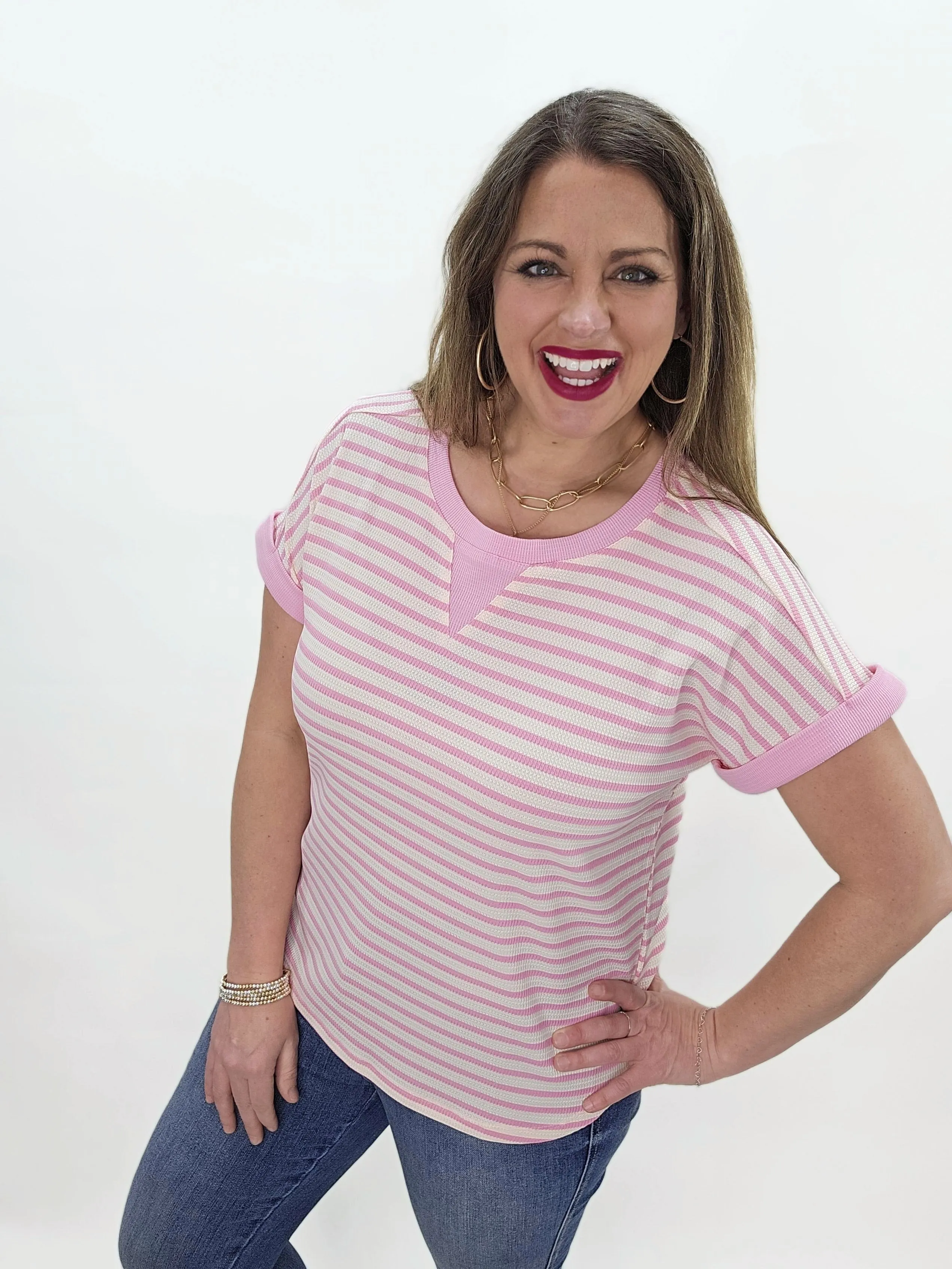 PINK STRIPED ROUND CUFF SHORT SLEEVE WAFFLE TEXTURE TOP