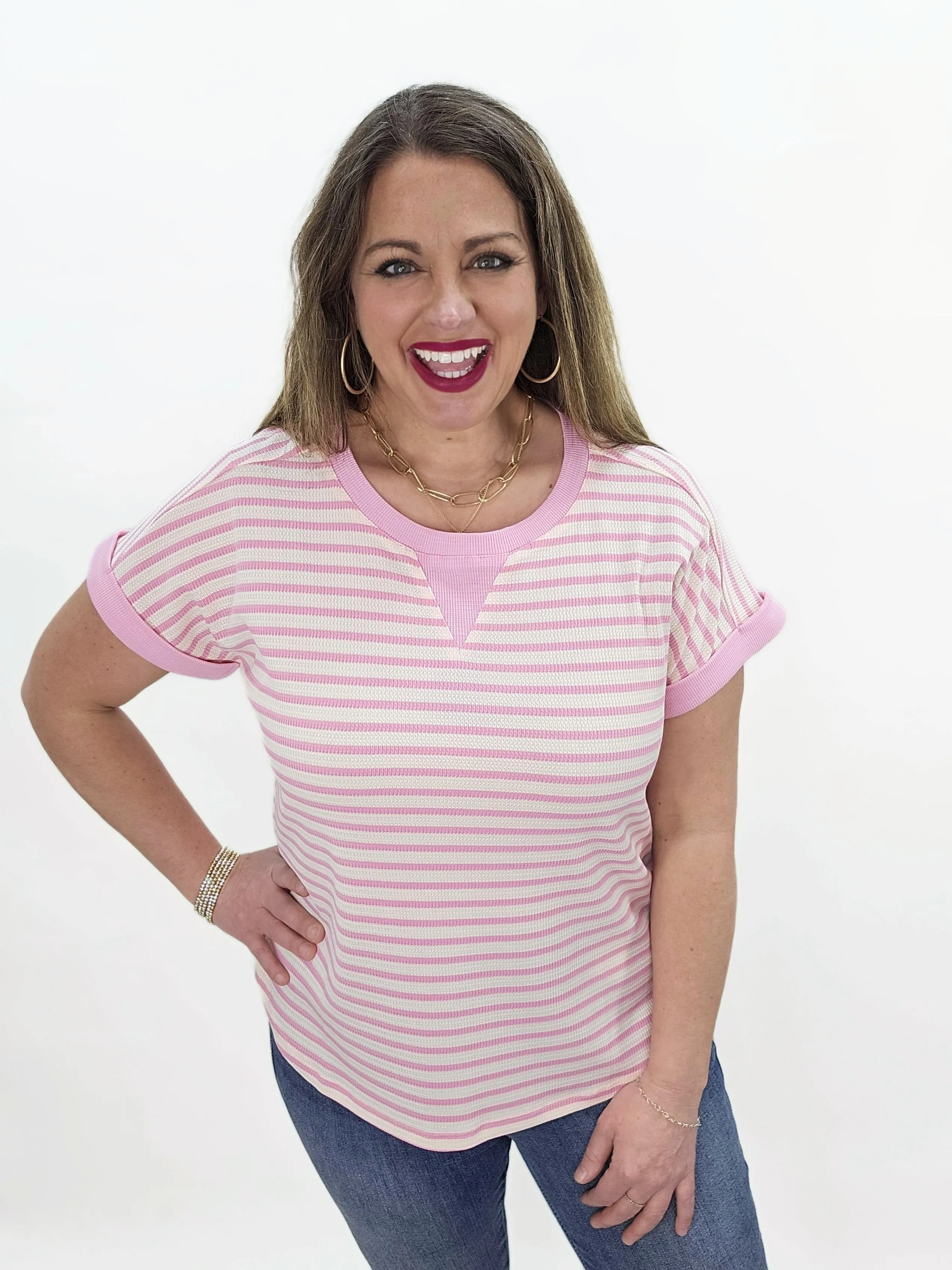 PINK STRIPED ROUND CUFF SHORT SLEEVE WAFFLE TEXTURE TOP