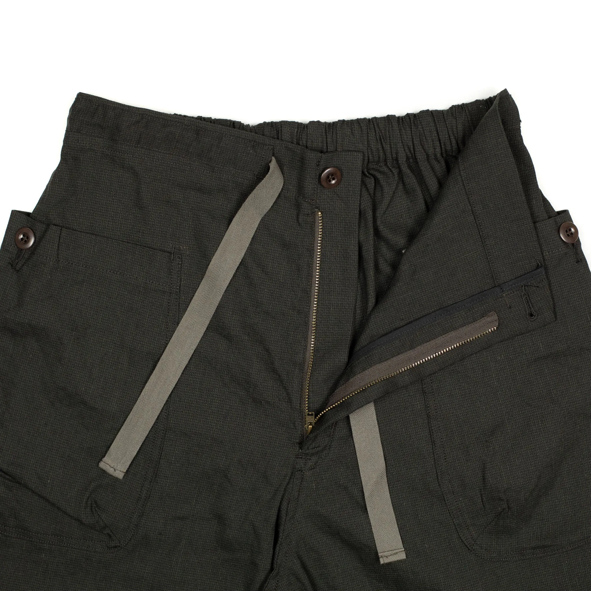 Pouch pocket easy shorts in brown and charcoal microcheck linen mix