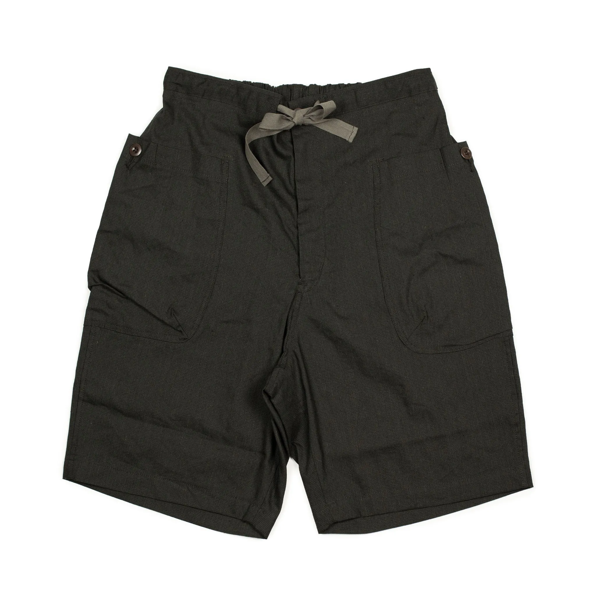 Pouch pocket easy shorts in brown and charcoal microcheck linen mix