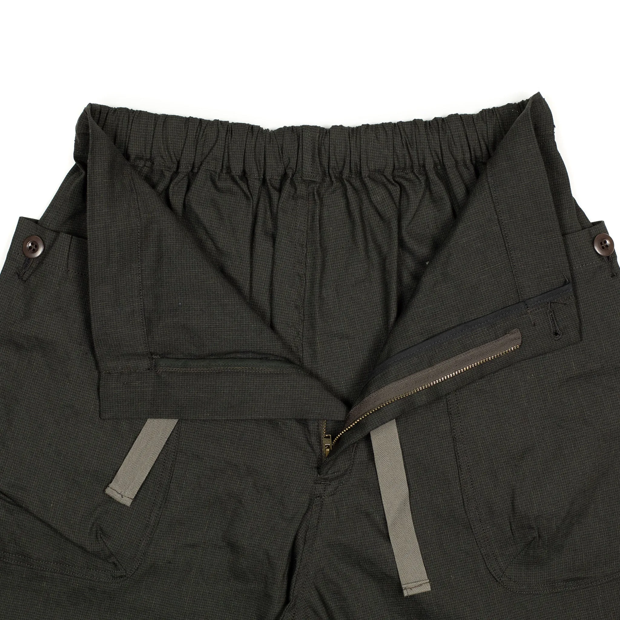 Pouch pocket easy shorts in brown and charcoal microcheck linen mix