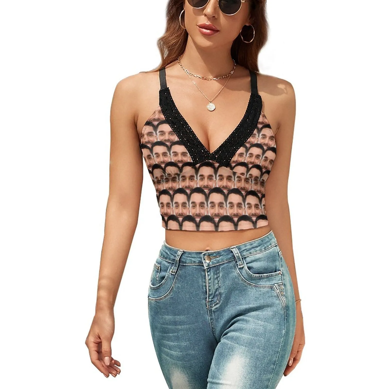 Put Face on Tank Top Personalized Women's V-Neck Crop Camisole Top for Holiday