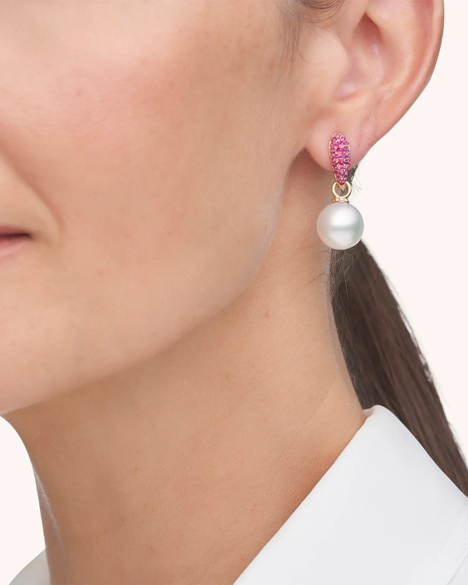 Ruby Touchstone Pearls My Way Earrings | 12mm Oval Pearls, Rubies, and Yellow Gold