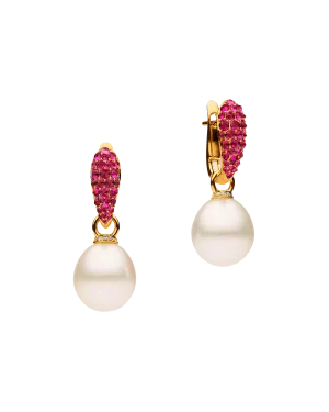 Ruby Touchstone Pearls My Way Earrings | 12mm Oval Pearls, Rubies, and Yellow Gold