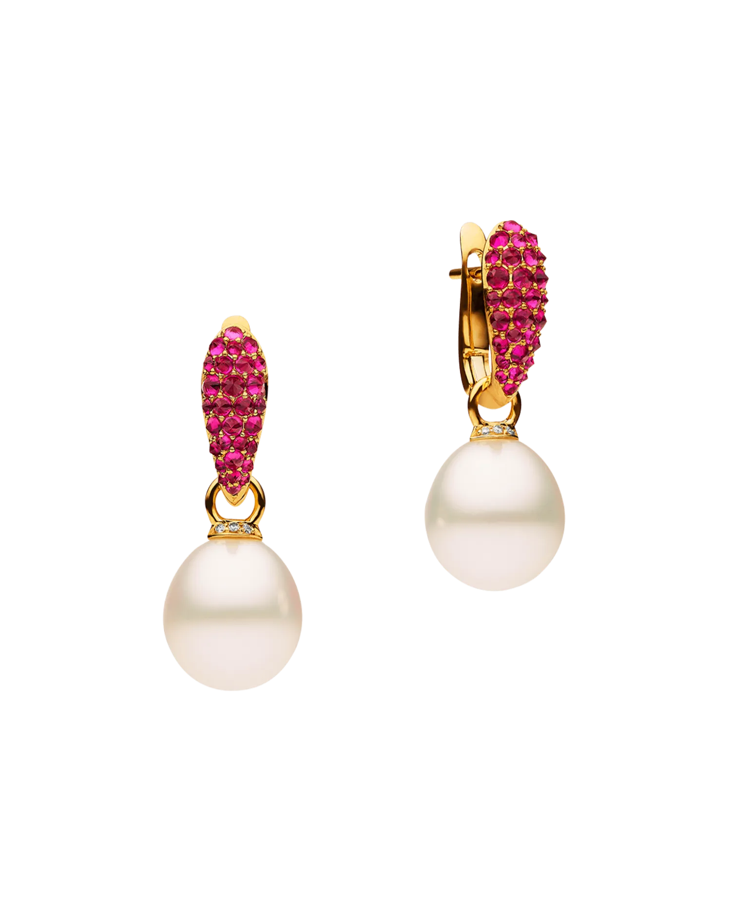 Ruby Touchstone Pearls My Way Earrings | 12mm Oval Pearls, Rubies, and Yellow Gold