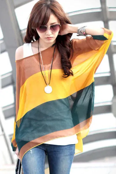 Sexy Bohemian Color Block Women Chiffon Blouse Top
