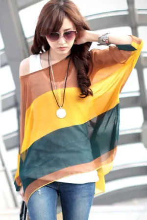 Sexy Bohemian Color Block Women Chiffon Blouse Top