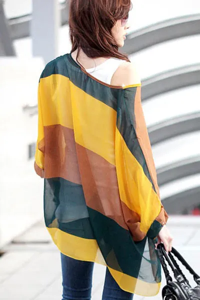 Sexy Bohemian Color Block Women Chiffon Blouse Top