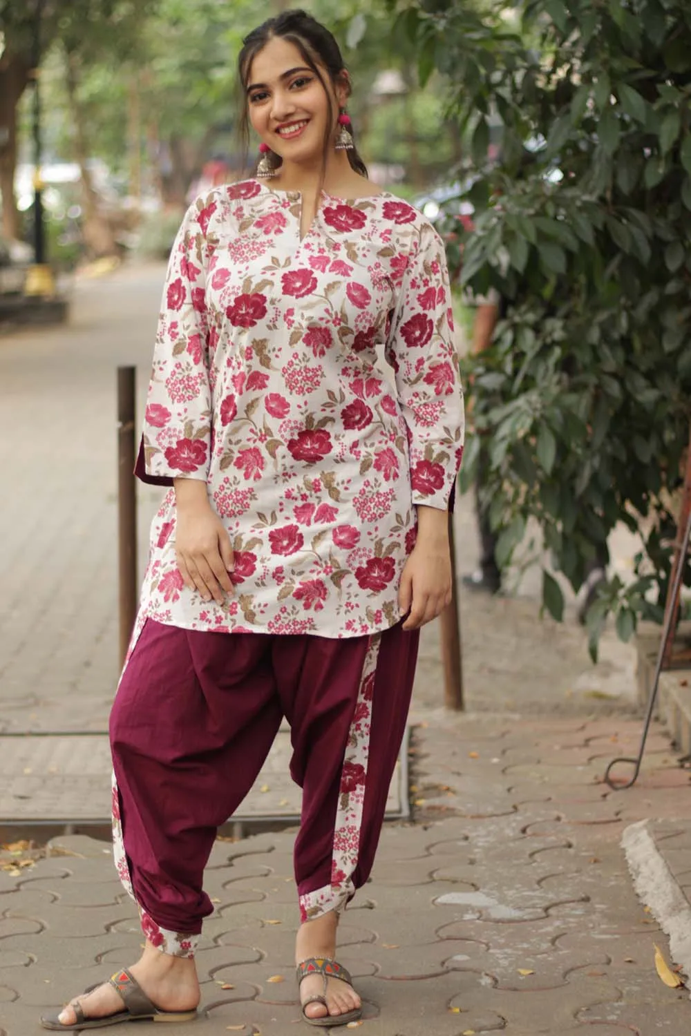 Short Kurta | Burgundy Floral Sanganeri