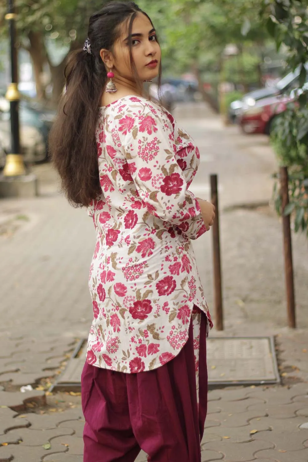 Short Kurta | Burgundy Floral Sanganeri