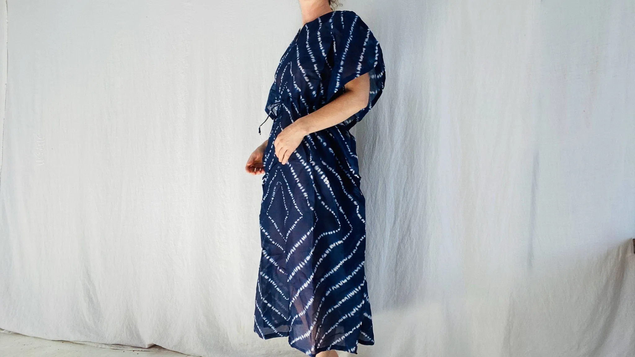 Silk Indigo Shibori Tie Dye Kaftan.