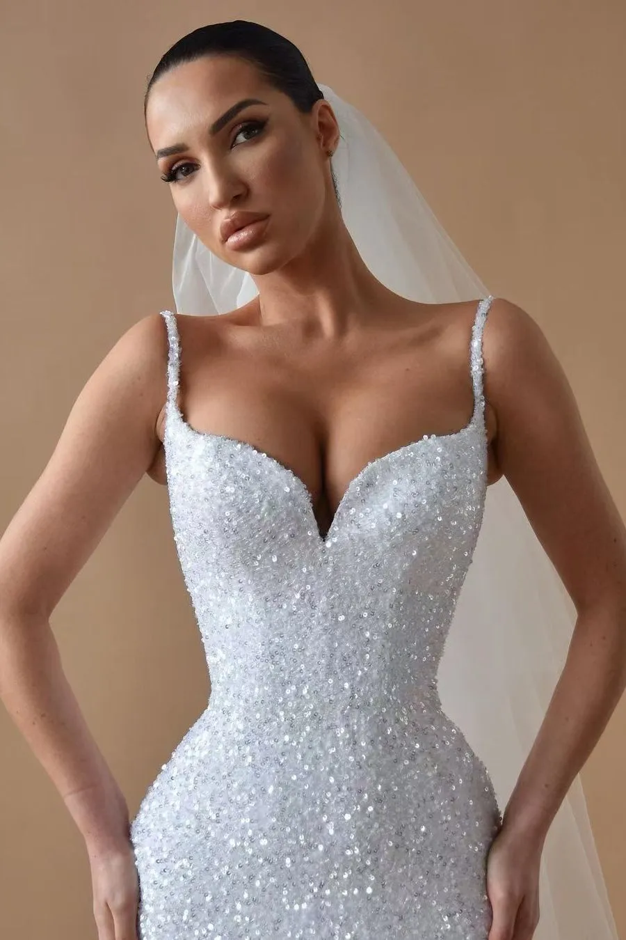 Spaghetti Long Mermaid Sequin Beaded Wedding Dresses WIth Feather, Chic Wedding Dresses, Long Prom Dresses