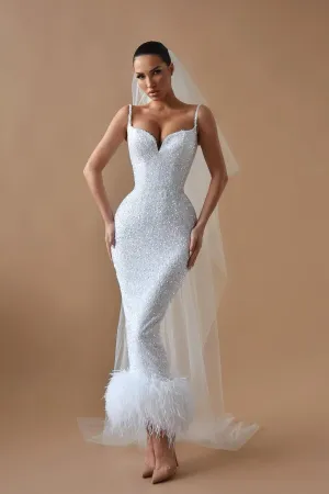 Spaghetti Long Mermaid Sequin Beaded Wedding Dresses WIth Feather, Chic Wedding Dresses, Long Prom Dresses
