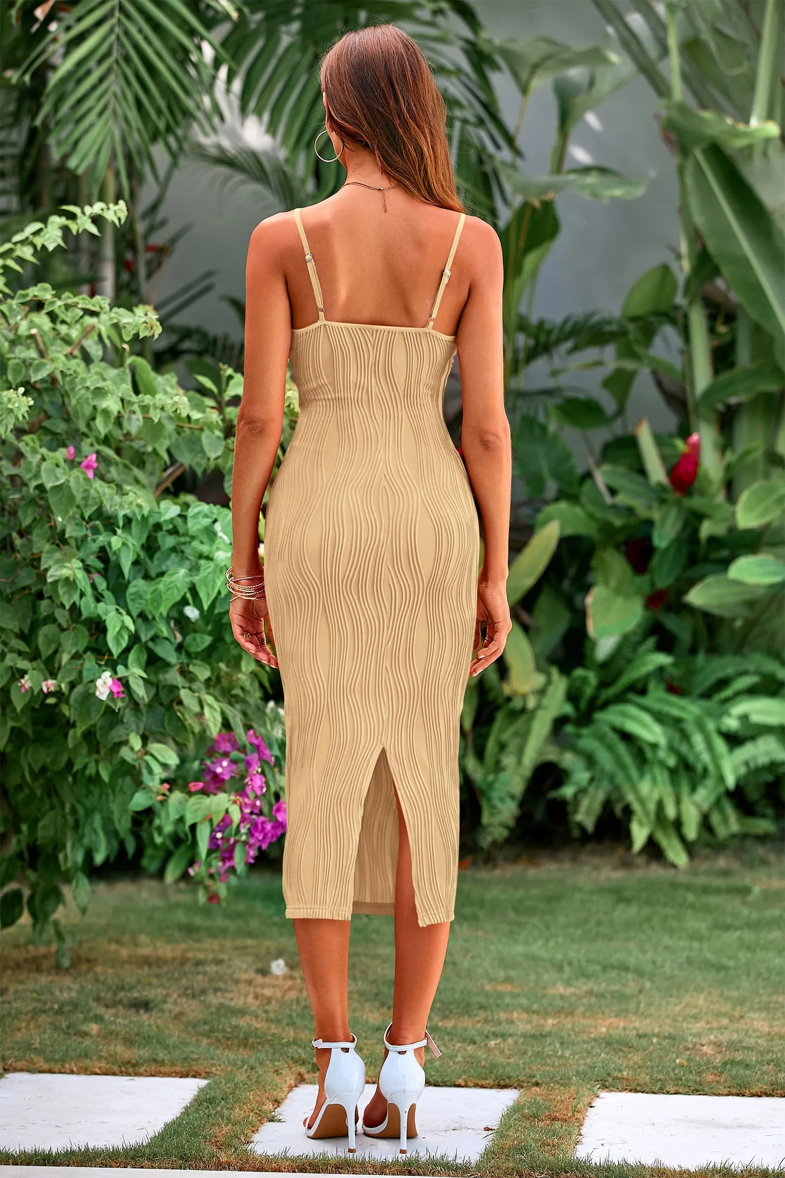 Spaghetti Strap Sleeveless Knit Tight Fitted Midi Dresses