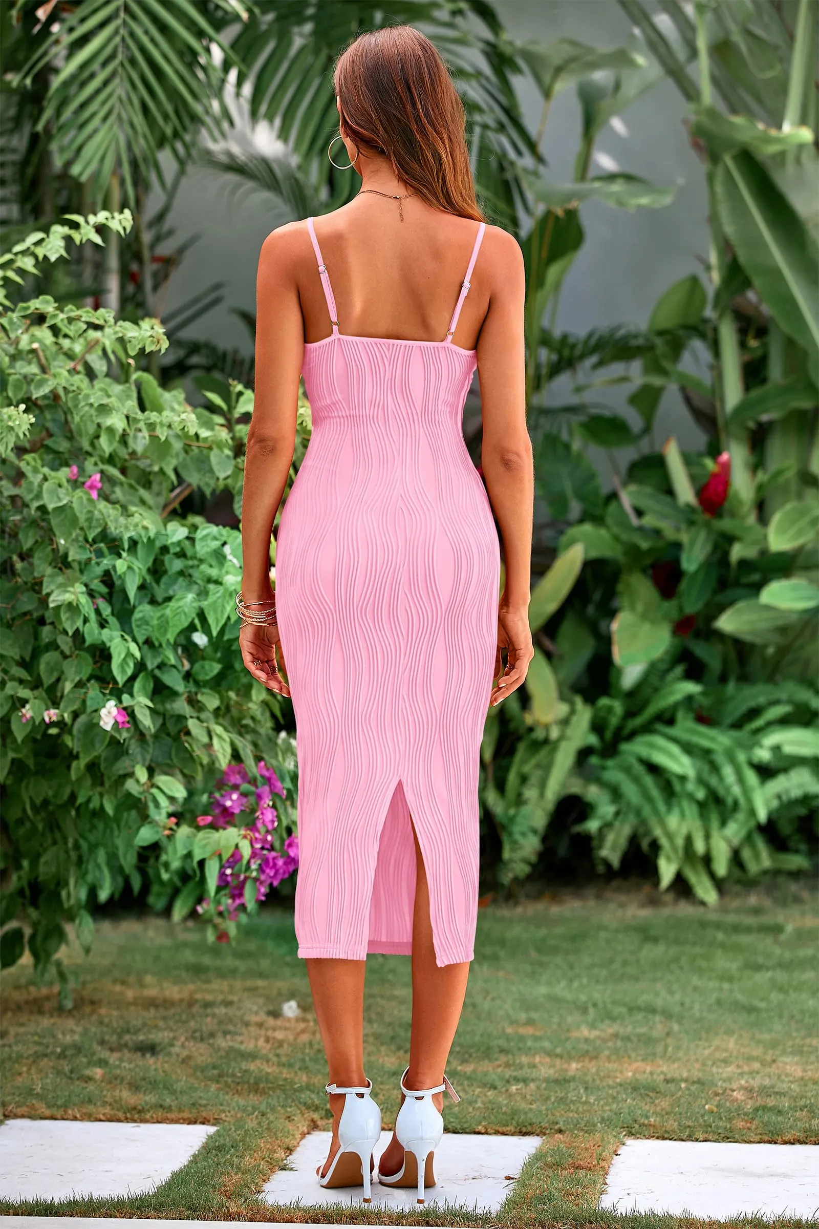 Spaghetti Strap Sleeveless Knit Tight Fitted Midi Dresses