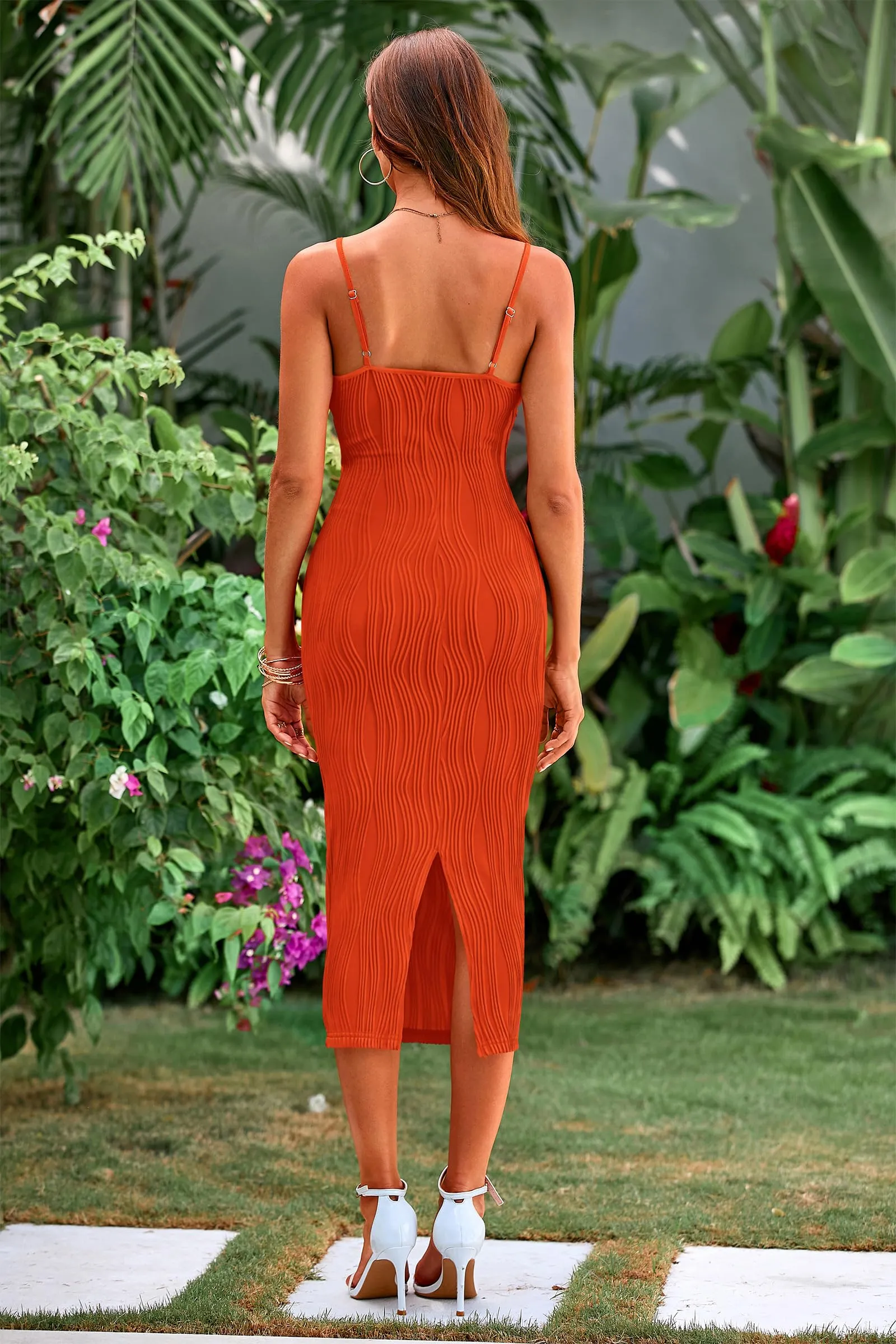Spaghetti Strap Sleeveless Knit Tight Fitted Midi Dresses