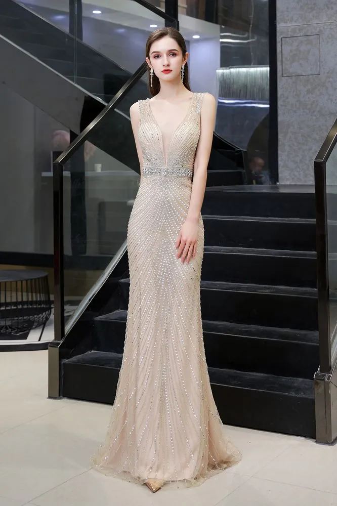 Stylish Deep V-Neck Sleeveless Beading Silver Slim Mermaid Party Gown