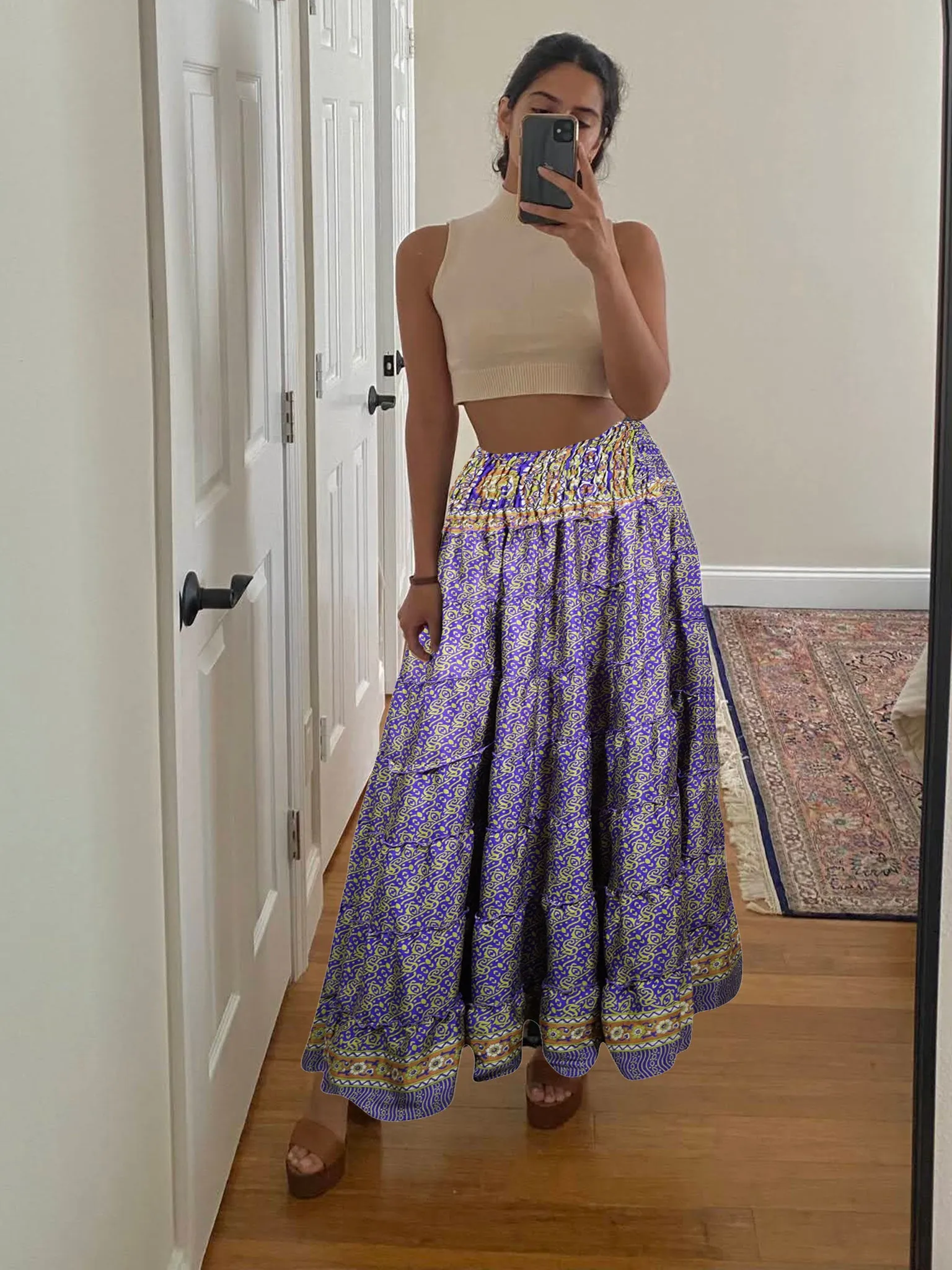 Summer Purple Floral Beach Maxi Skirt Patchwork Boho Skirt Dress S/M