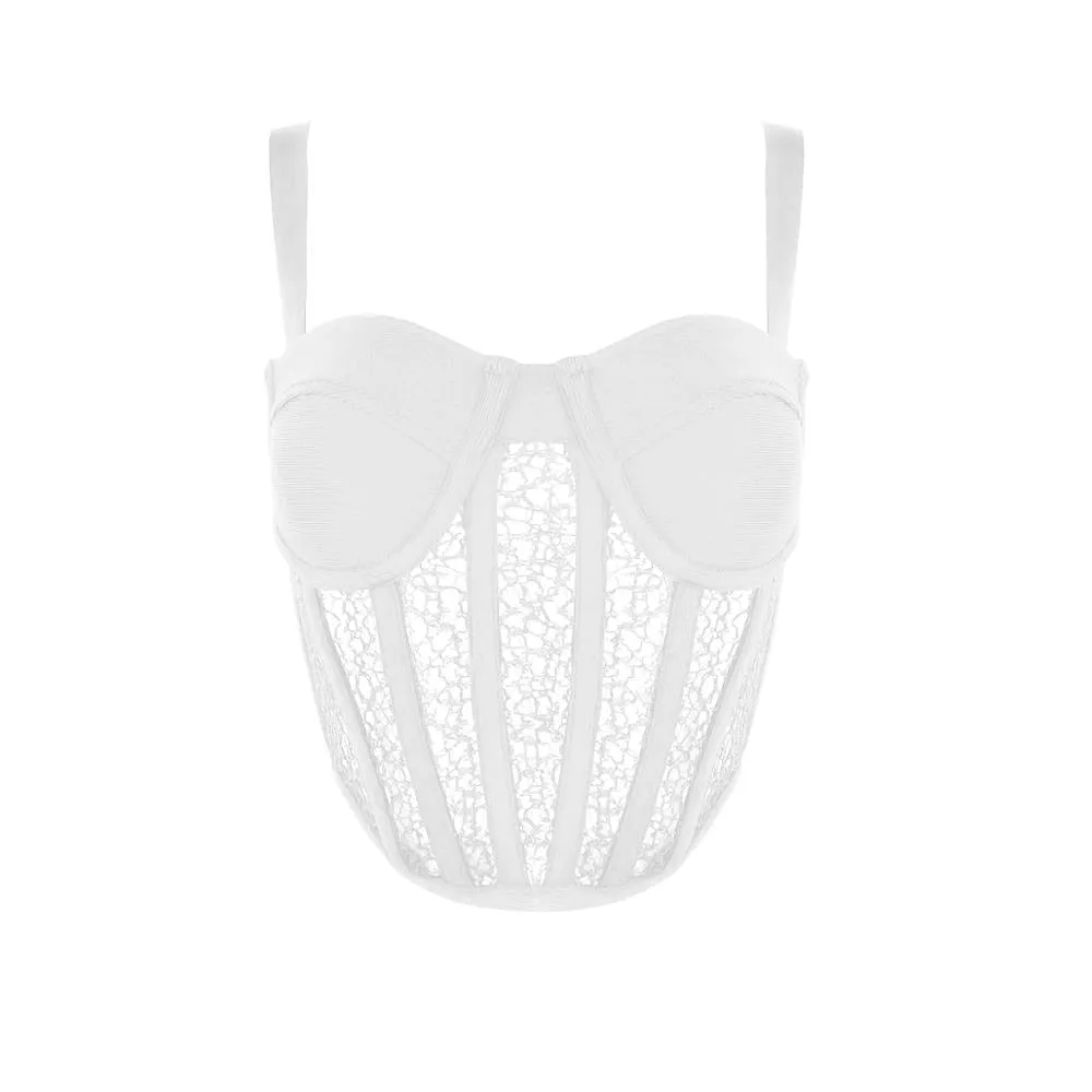 Trendy Lace Striped Splicing design Sexy Sleeveless Celebrity Party Casual Bandage Crop Tops