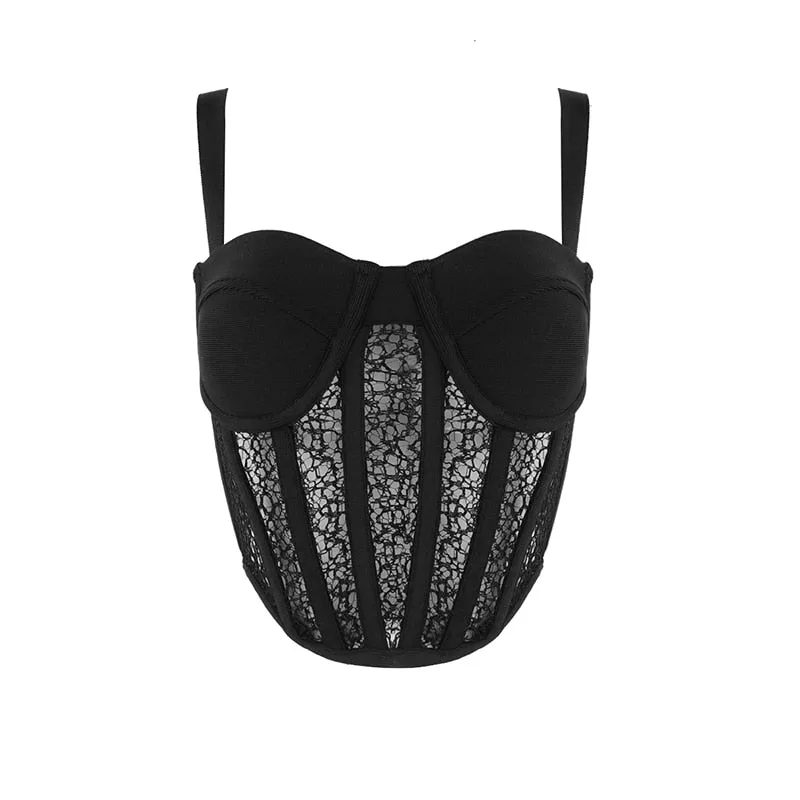 Trendy Lace Striped Splicing design Sexy Sleeveless Celebrity Party Casual Bandage Crop Tops