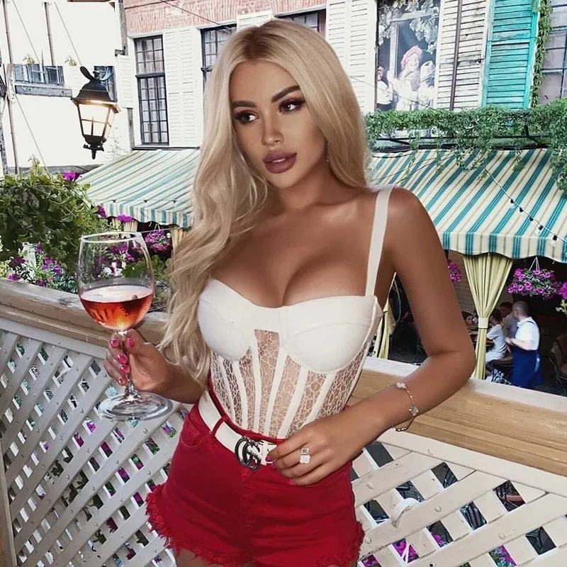 Trendy Lace Striped Splicing design Sexy Sleeveless Celebrity Party Casual Bandage Crop Tops