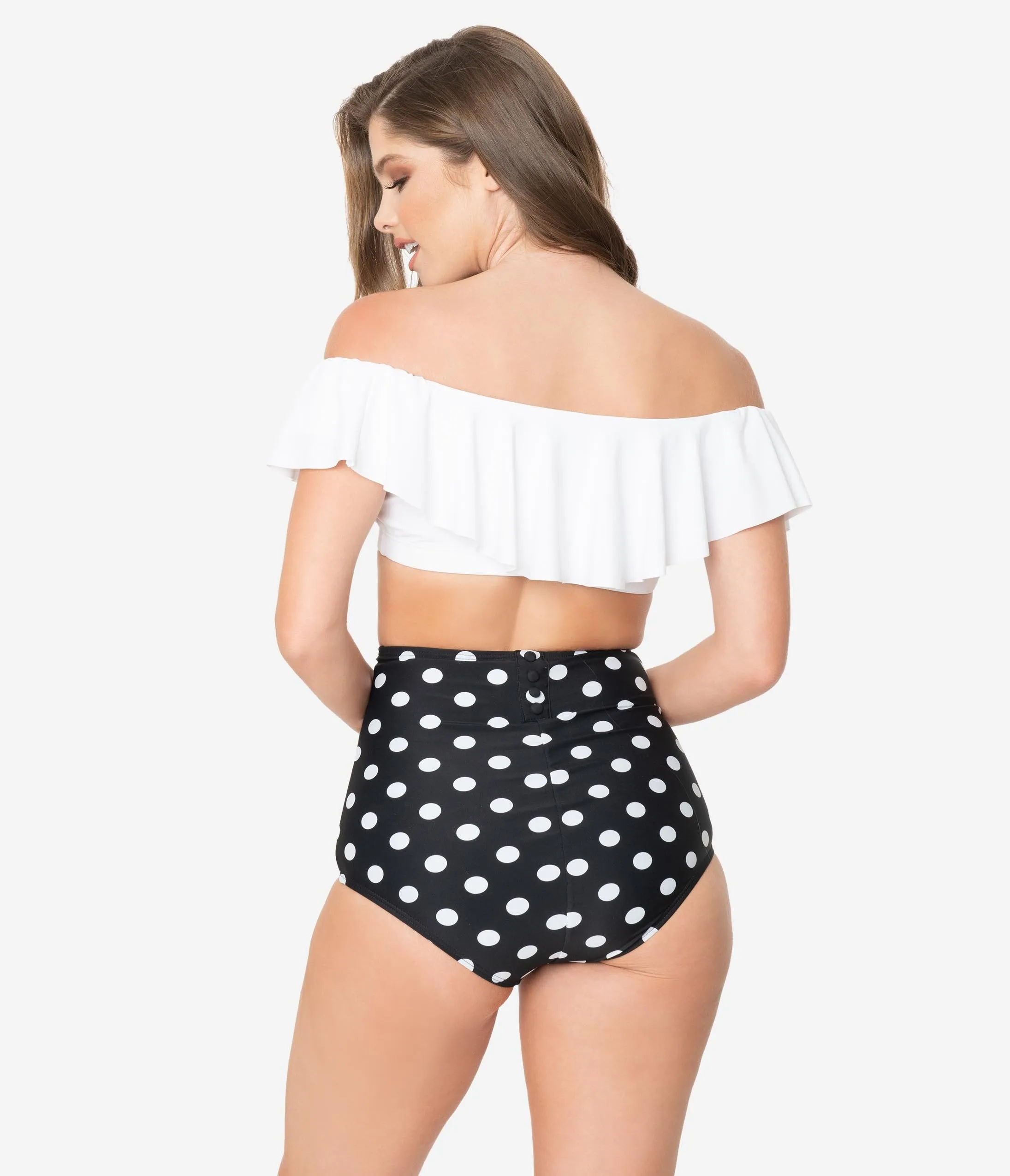 Unique Vintage Black & White Dotted Button High Waist Louise Swim Bottoms