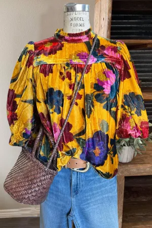 Vibrant Floral Pleated Velvet Top
