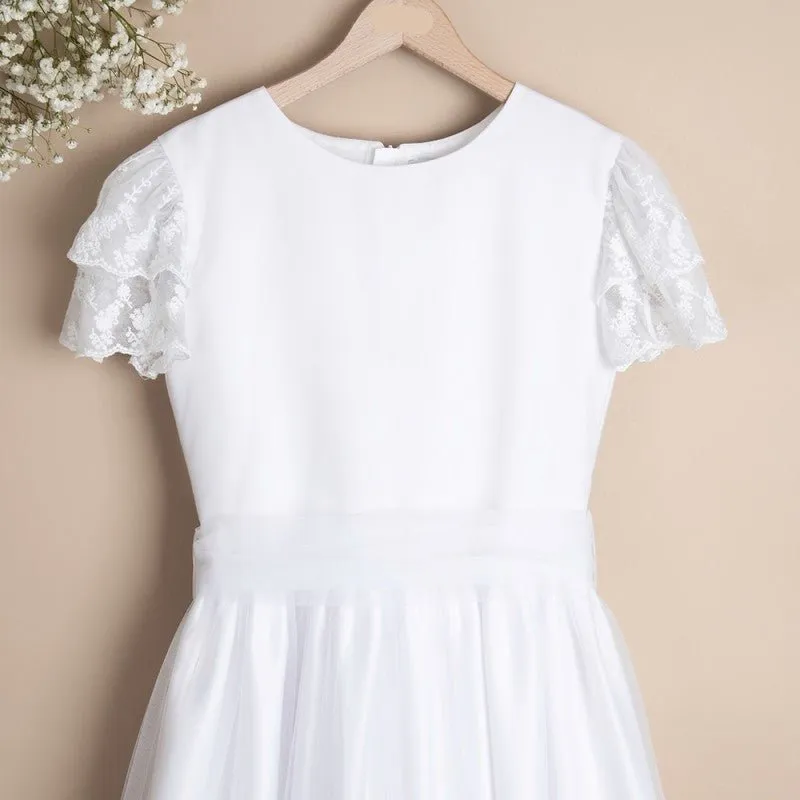 WHITE Elegant Communion Dress with Lace Frill Sleeves ( K20 )