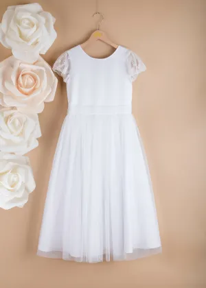 WHITE Satin & Tulle Communion Dress with Lace Sleeves ( K11 )