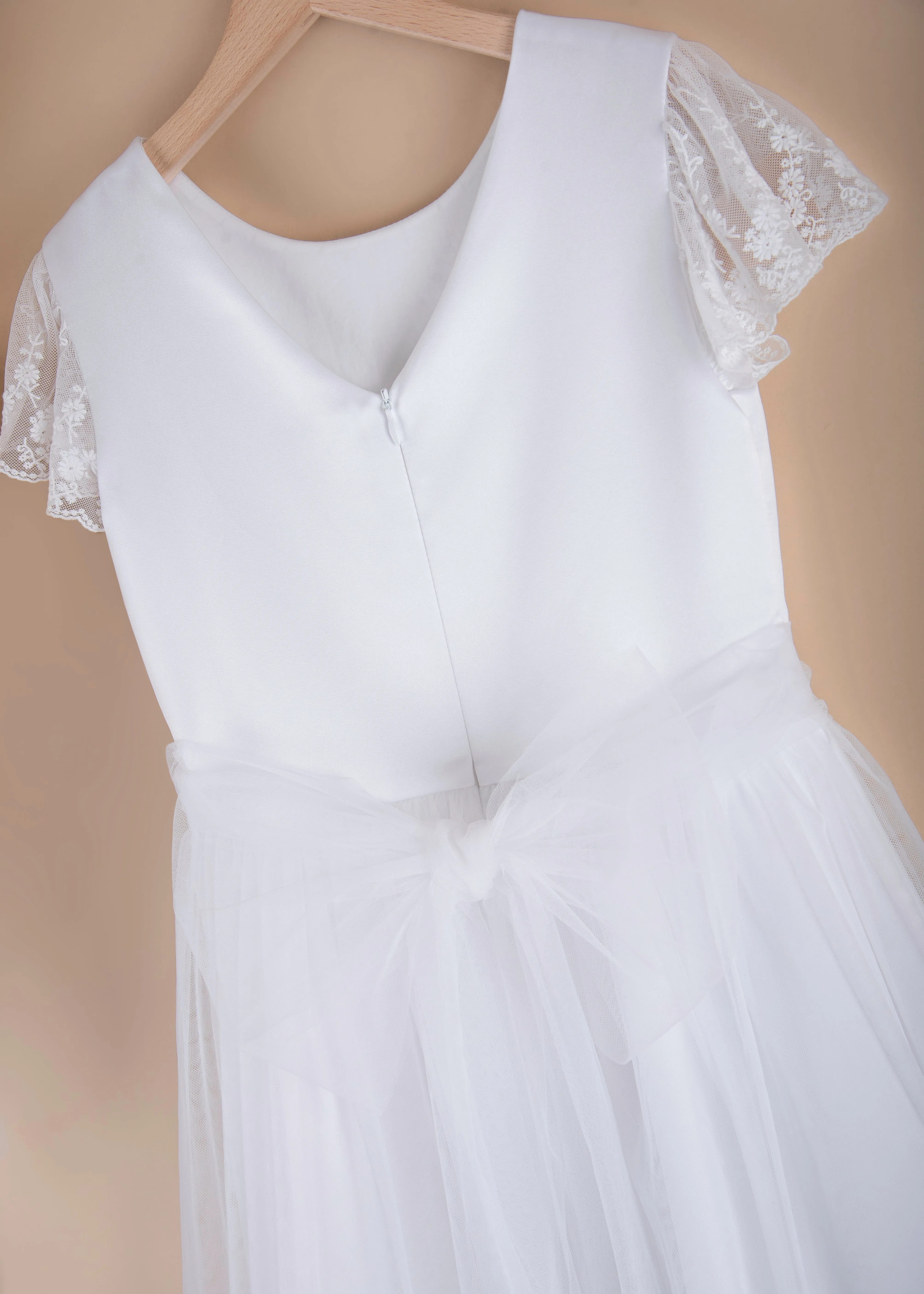 WHITE Satin & Tulle Communion Dress with Lace Sleeves ( K11 )