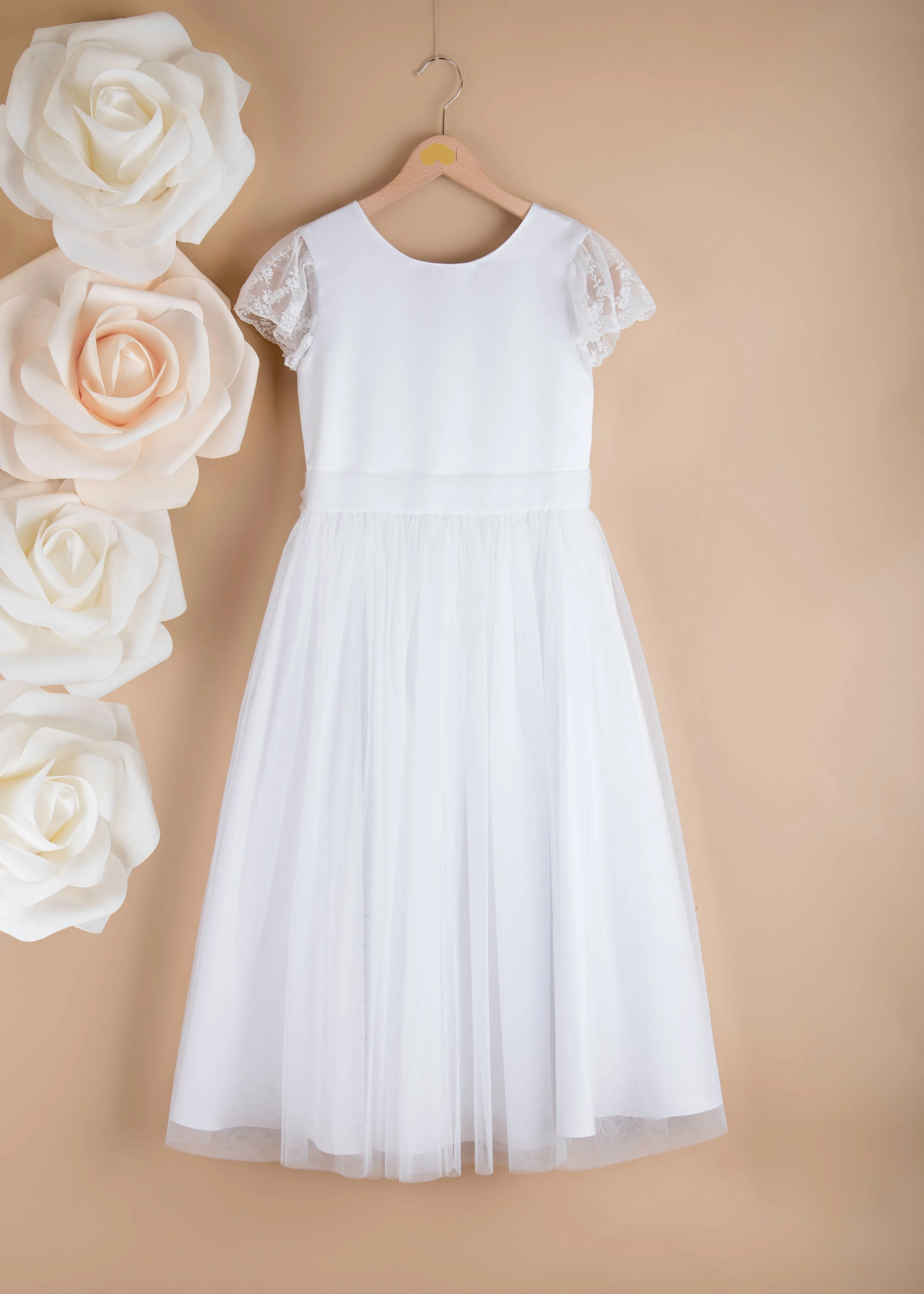 WHITE Satin & Tulle Communion Dress with Lace Sleeves ( K11 )
