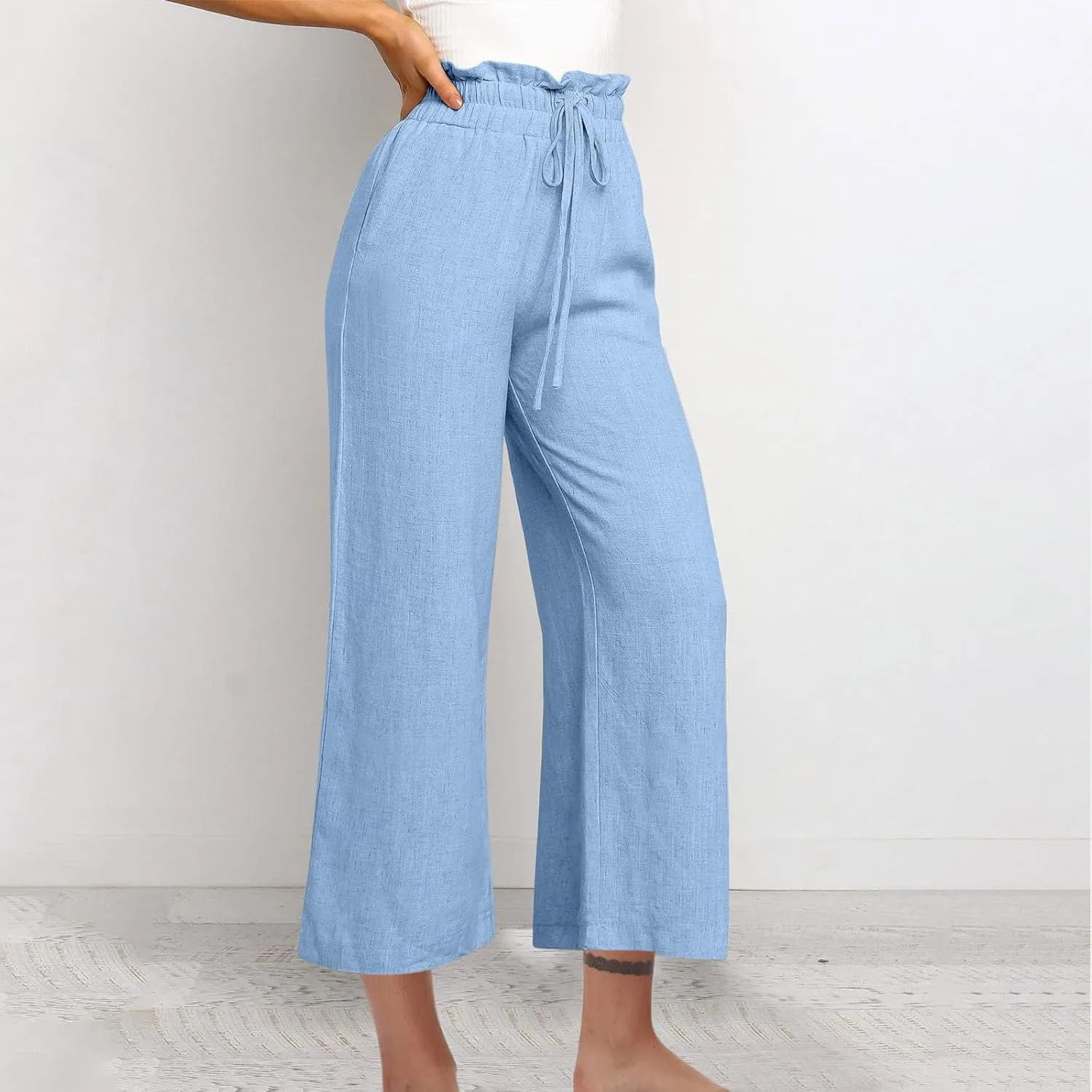 Women Cotton Linen Pants Casual Loose High Waist Palazzo Trousers Beach Wide Leg Cropped Pants Trendy Summer Outfits