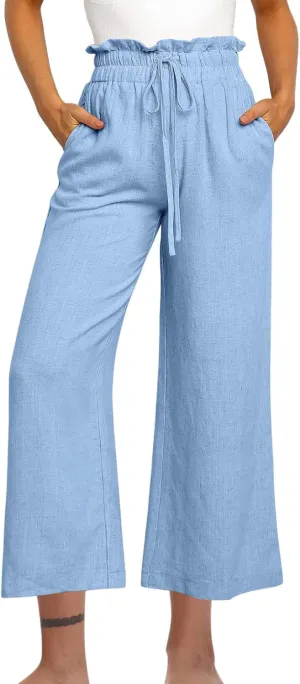 Women Cotton Linen Pants Casual Loose High Waist Palazzo Trousers Beach Wide Leg Cropped Pants Trendy Summer Outfits