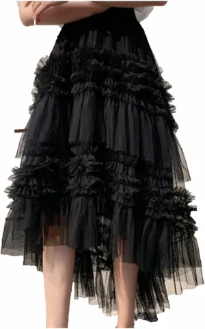 Women Tulle Skirts A-Line Fairy Skirt Asymmetrical Fluffy Skirt High Low Tutu Skirt Mesh Layered Skirts Flowy Skirt