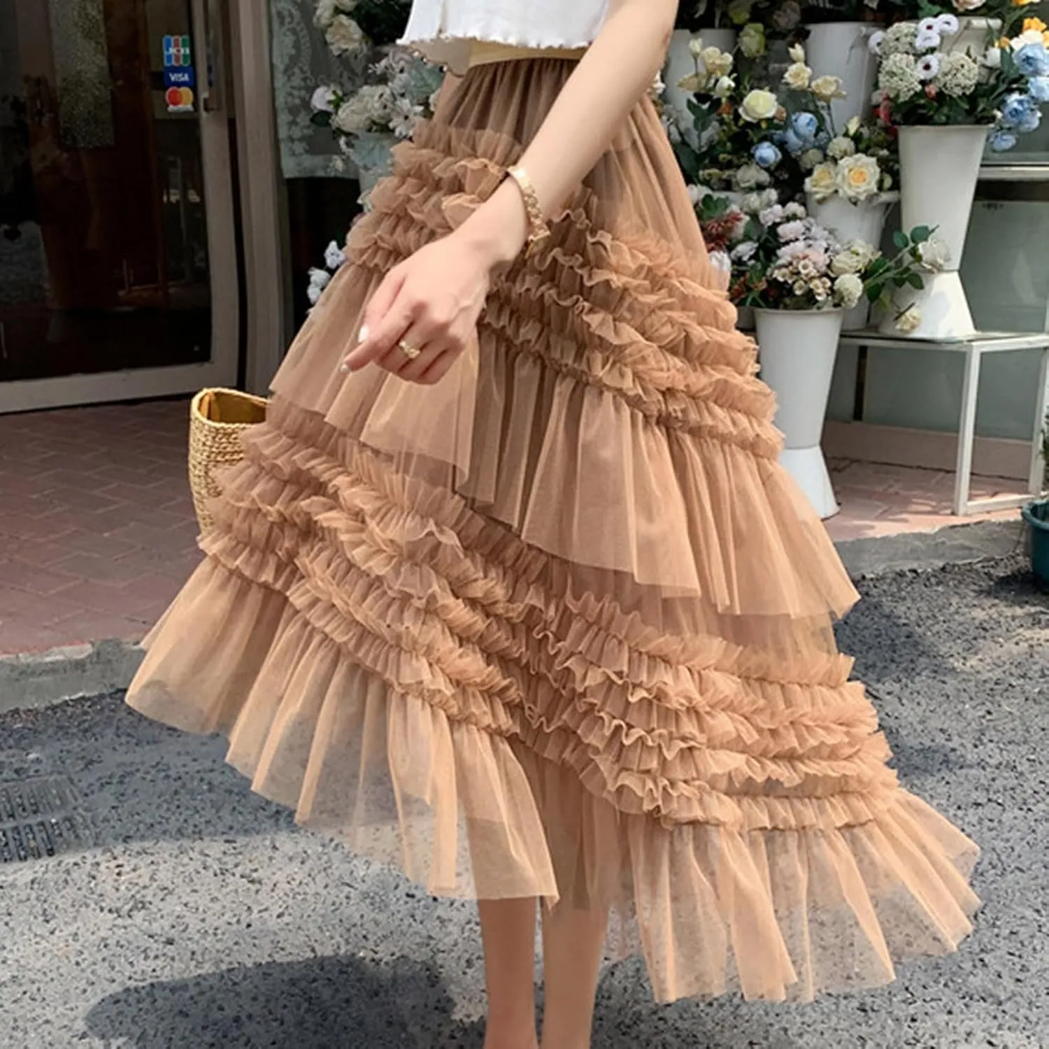 Women Tulle Skirts A-Line Fairy Skirt Asymmetrical Fluffy Skirt High Low Tutu Skirt Mesh Layered Skirts Flowy Skirt