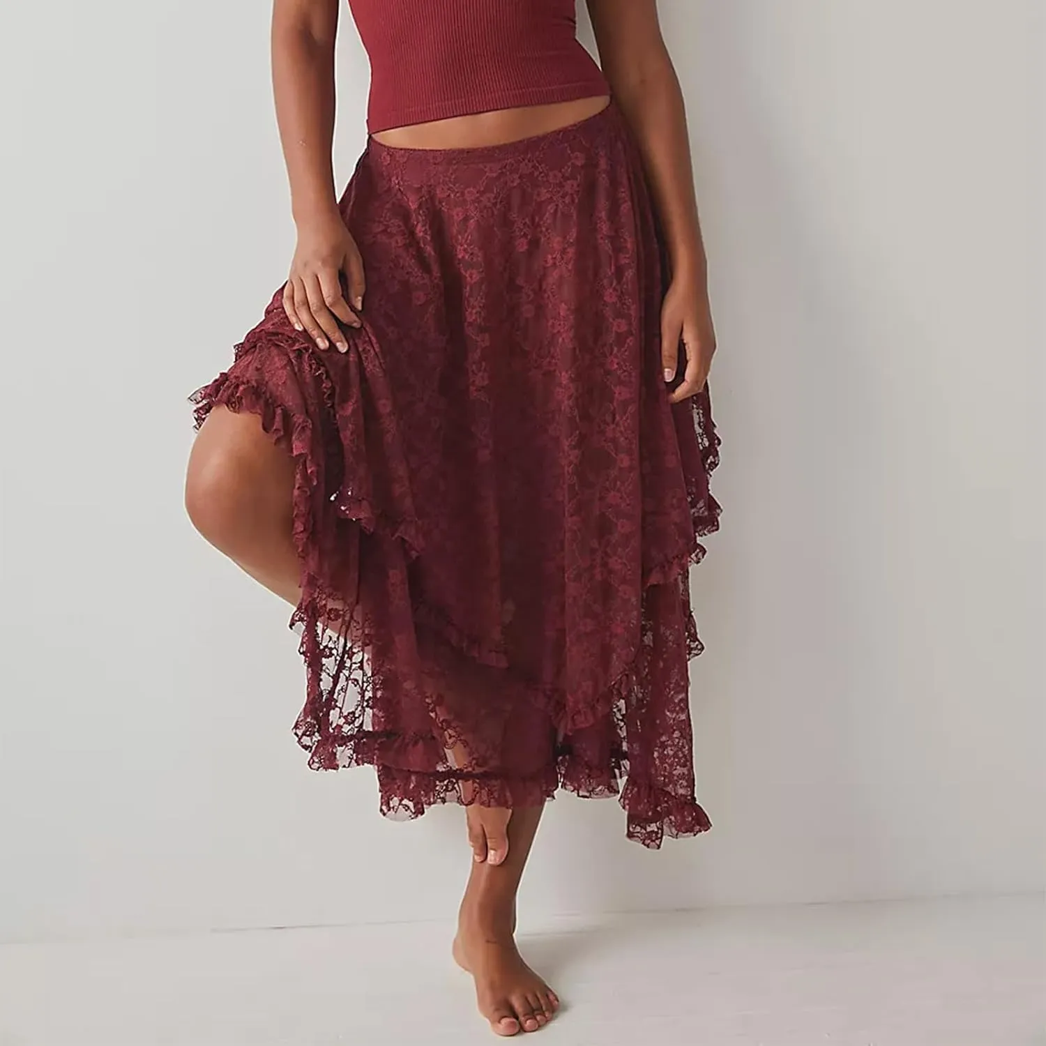 Women Y2K Lace Long Skirts Layered Hem Sheer See Through Festival Flowy A-line Maxi Skirts Boho Beach Floral Dress