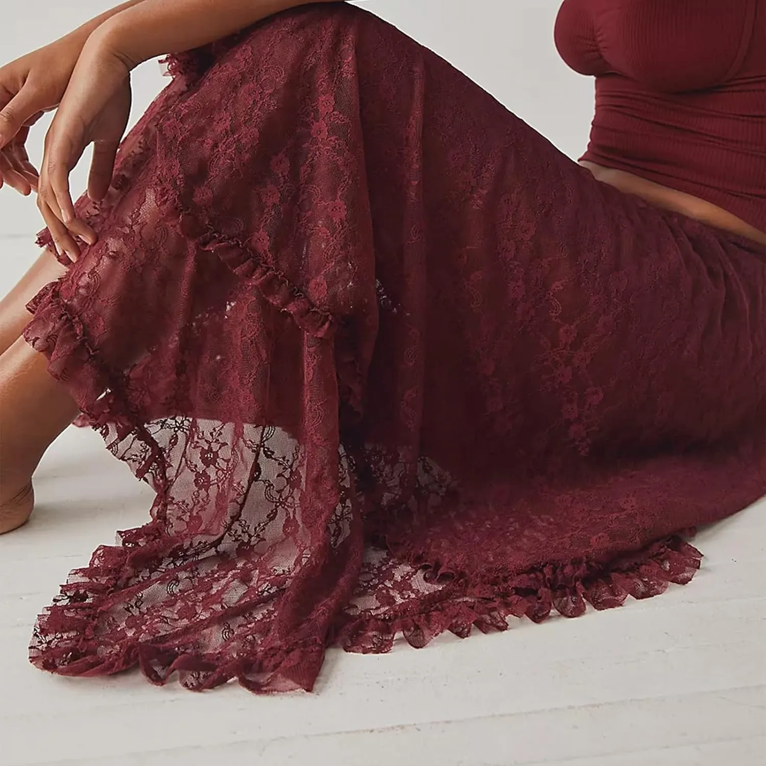 Women Y2K Lace Long Skirts Layered Hem Sheer See Through Festival Flowy A-line Maxi Skirts Boho Beach Floral Dress
