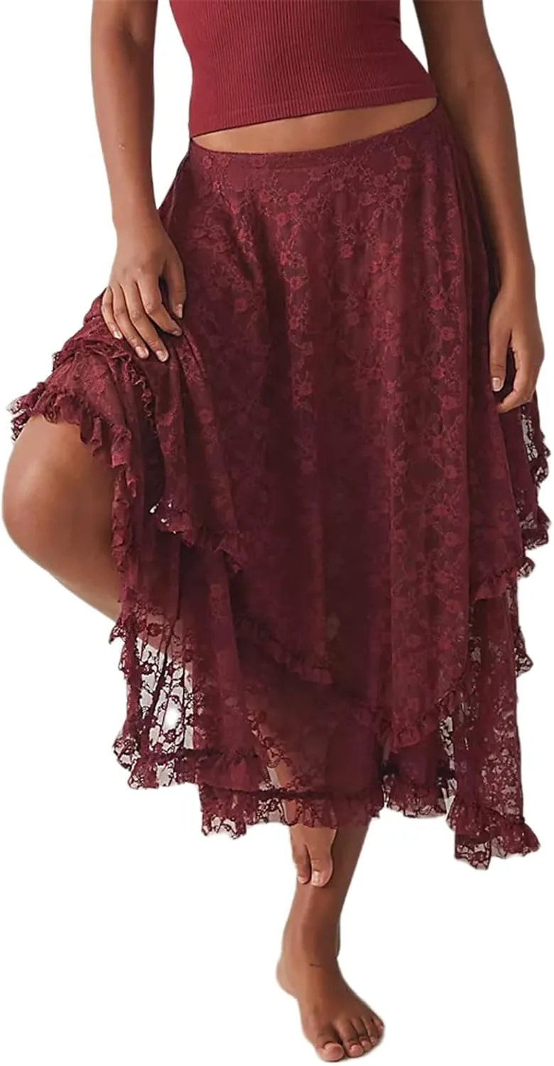 Women Y2K Lace Long Skirts Layered Hem Sheer See Through Festival Flowy A-line Maxi Skirts Boho Beach Floral Dress