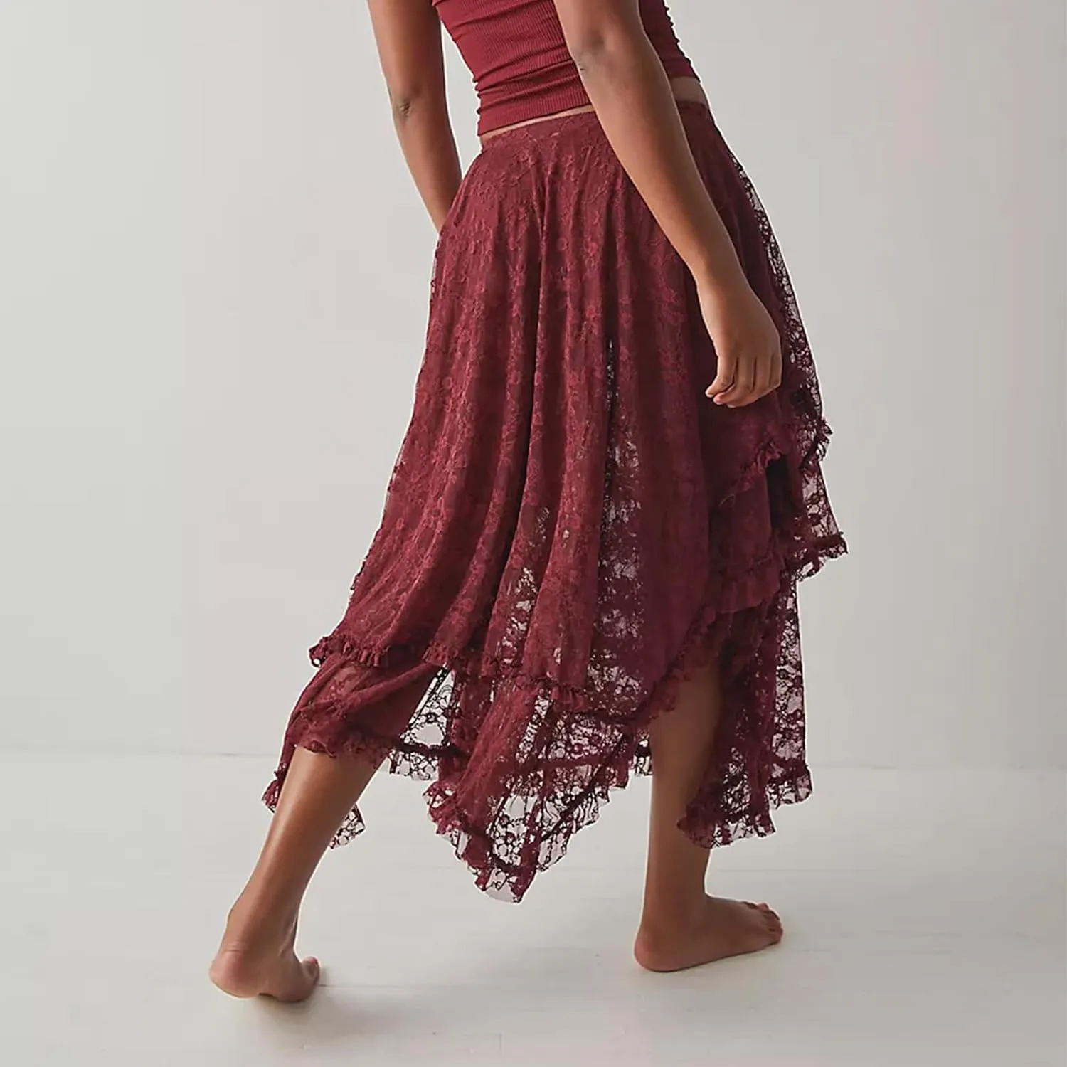 Women Y2K Lace Long Skirts Layered Hem Sheer See Through Festival Flowy A-line Maxi Skirts Boho Beach Floral Dress