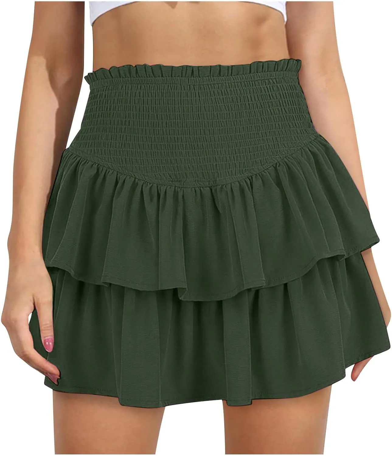 Women's High Waist Mini Skirt Layered Ruffle Hem Flared Flowy Casual Solid Color Tiered A Line Swing Short Skirts
