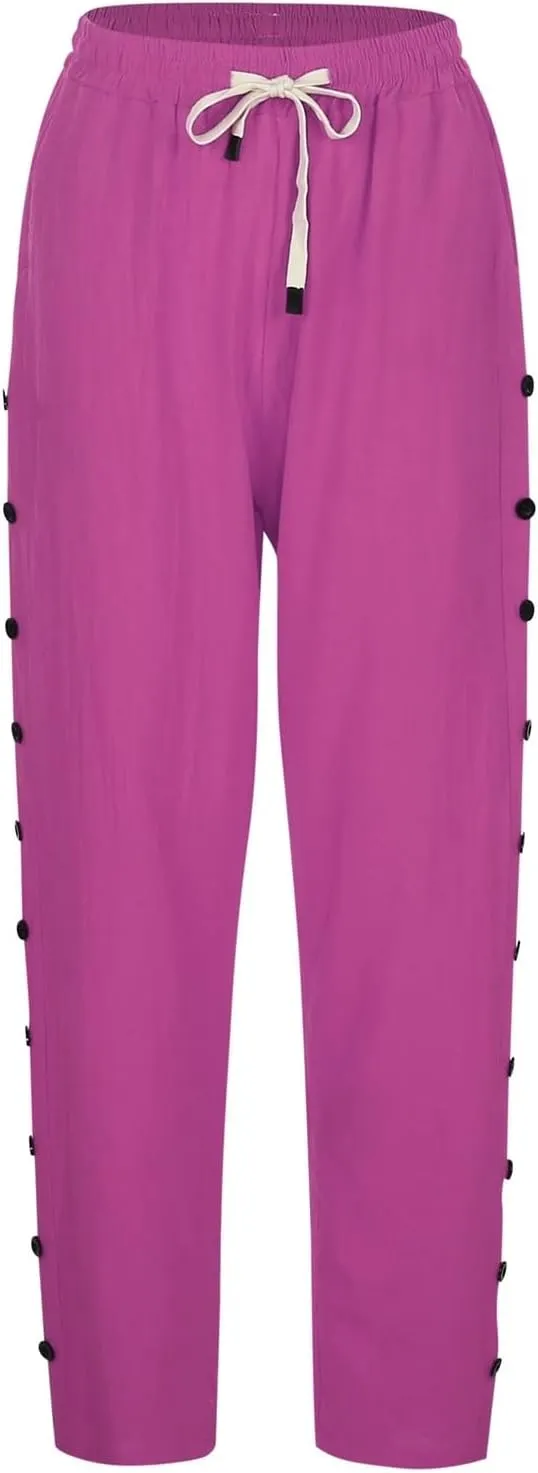Womens Linen Pants with Pockets High Waist Comfy White Gauze Cropped Pants Casual Lightweight Loose Buttons Trousers