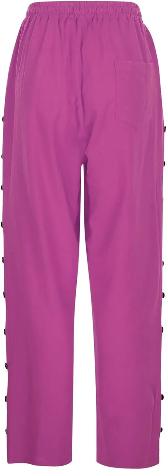 Womens Linen Pants with Pockets High Waist Comfy White Gauze Cropped Pants Casual Lightweight Loose Buttons Trousers