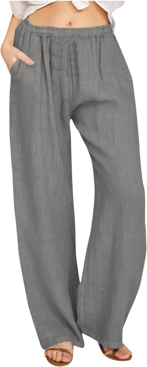 Women's Solid Color Pants Summer Casual Elastic Waist Loose Fit Pants Wide Leg Lounge Long Trousers with Pockets