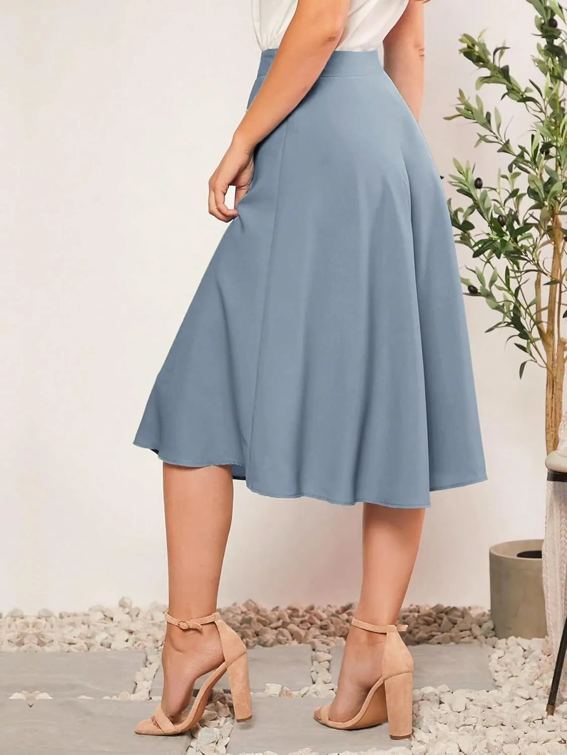 Womens Summer Flowy Skirt Dress Solid Midi Skirt