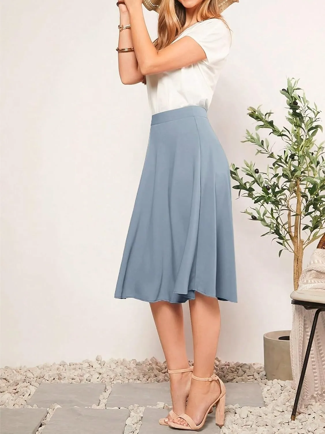 Womens Summer Flowy Skirt Dress Solid Midi Skirt
