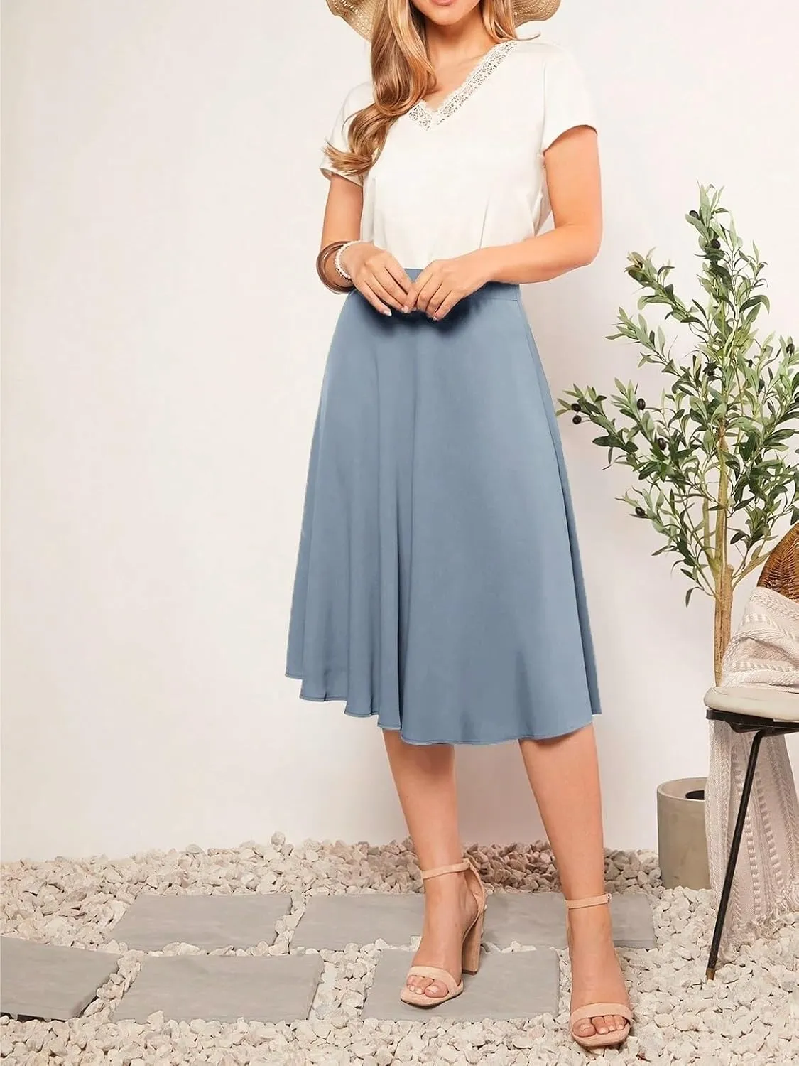 Womens Summer Flowy Skirt Dress Solid Midi Skirt