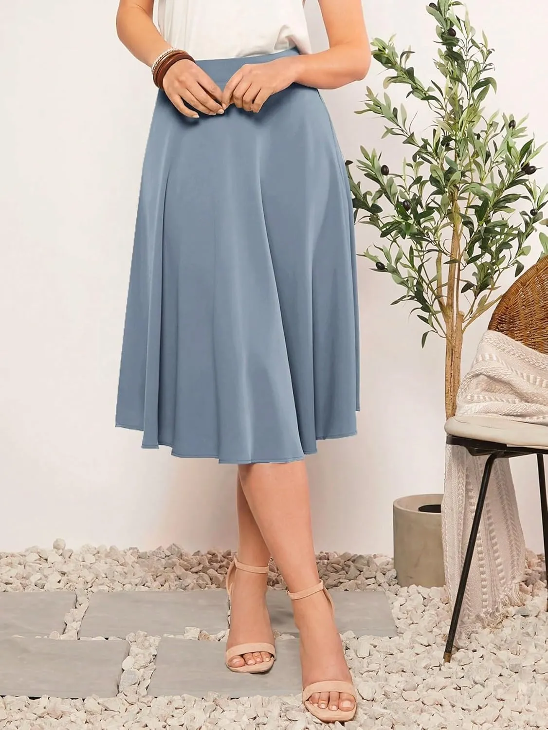 Womens Summer Flowy Skirt Dress Solid Midi Skirt