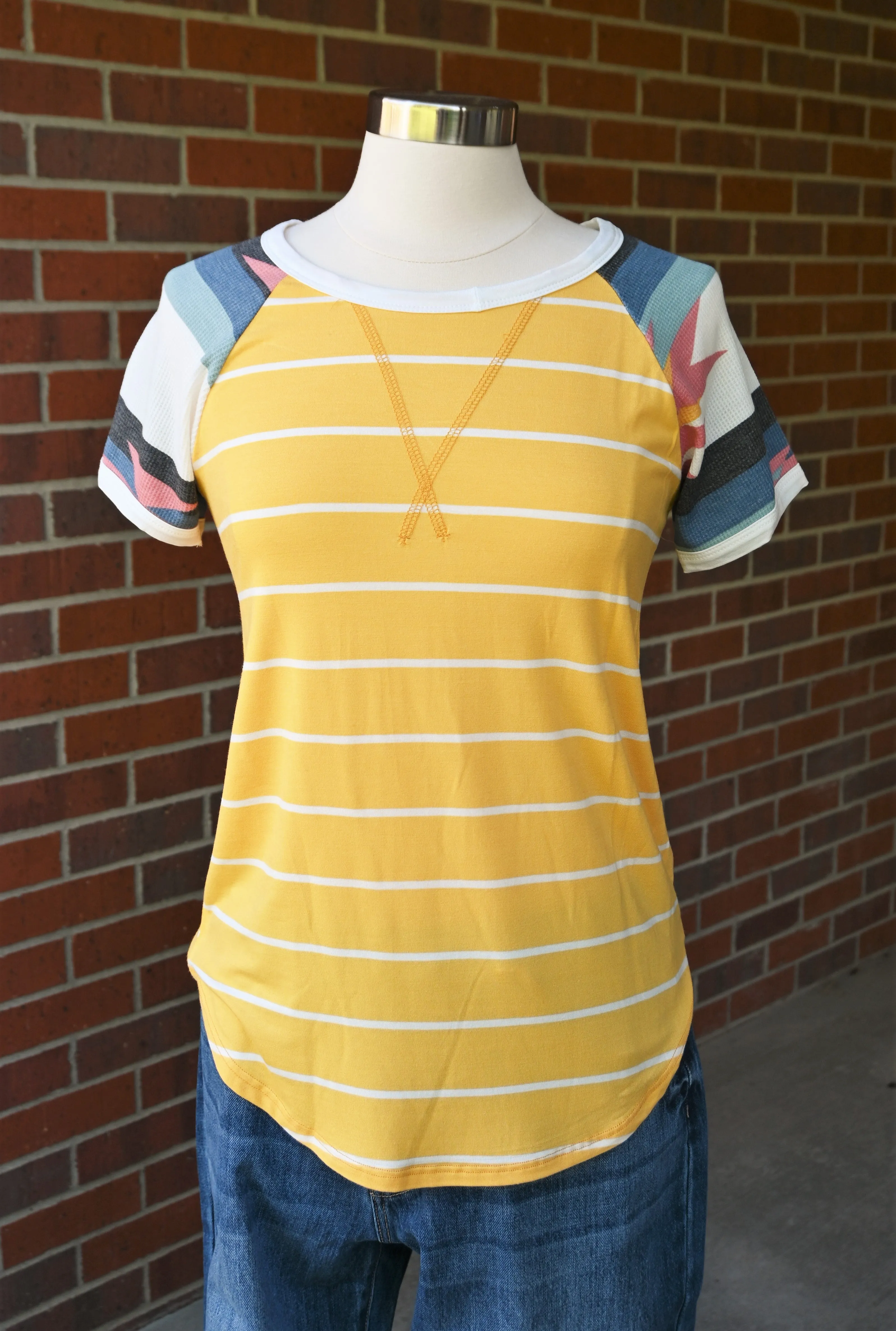 Yellow Striped Raglan with Geometric Short Sleeves